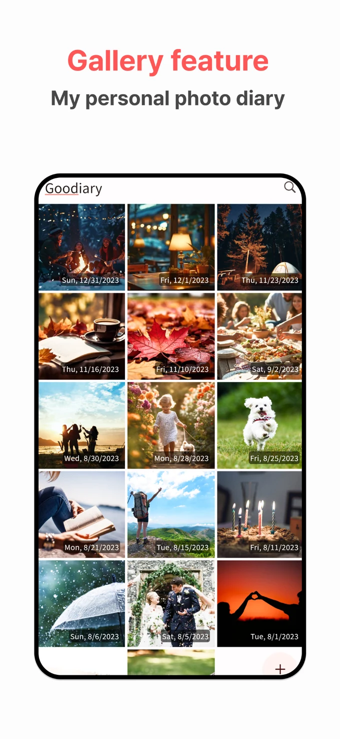 Goodiary photo diary gallery preview in English